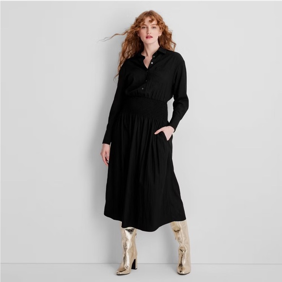 NWT FUTURE COLLECTIVE Collard Long Sleeve Smocked Midi Shirtdress - Sz: XXS - Picture 3 of 16